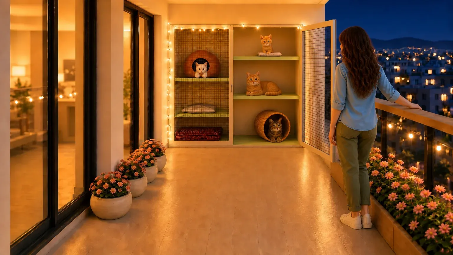 The finished cat house glowing on the balcony at night, shelves and a round bed under string lights, Sara looking out at the city