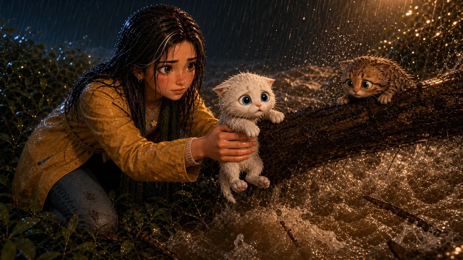 Sara kneeling in the rain at the water's edge, lifting the white kitten off the branch