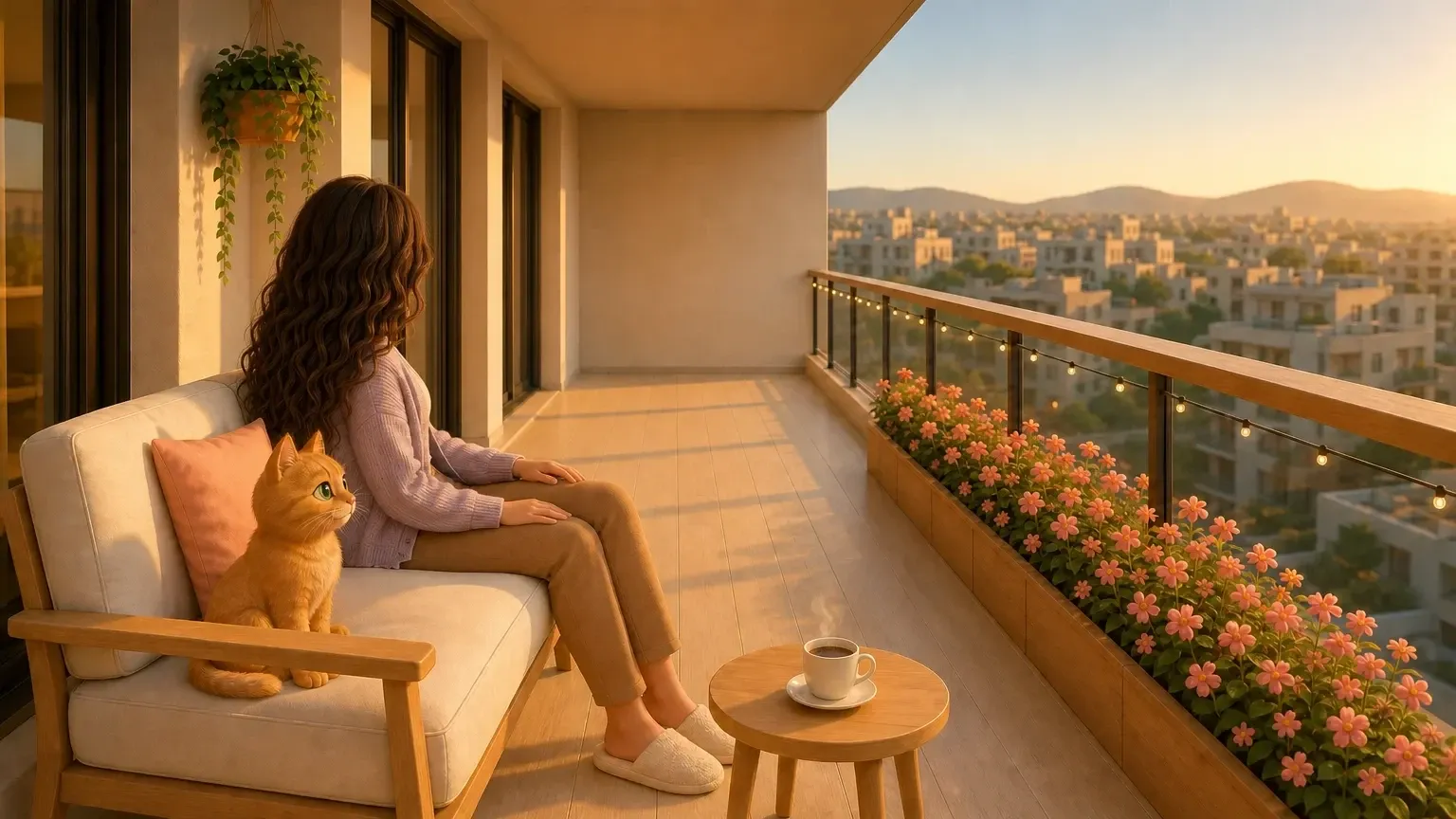 Sara on her balcony at sunset with a cup of coffee, the mother cat beside her, looking at an empty corner