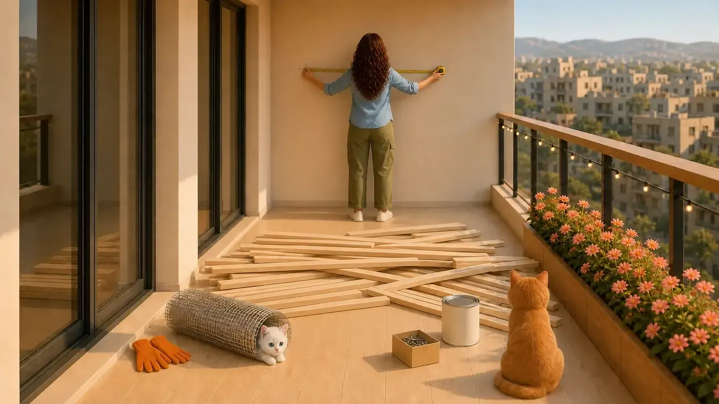 Sara building the cat house on her balcony, from measuring the wall to shelves, a mesh door and string lights at night