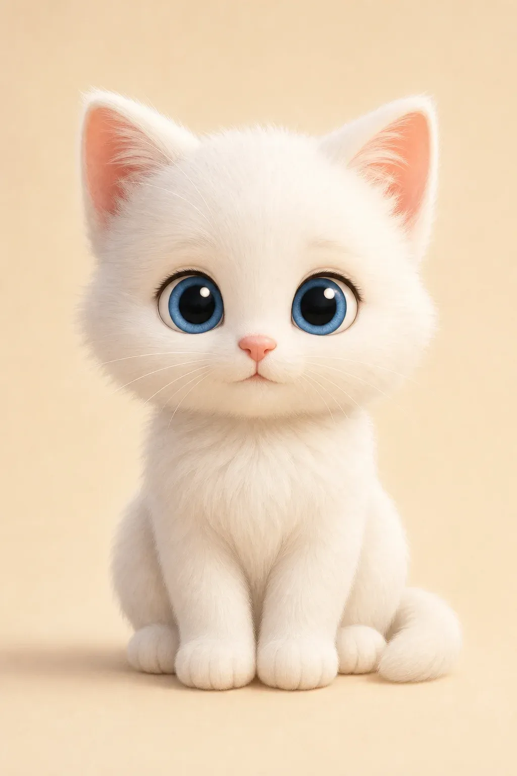 Mochi, a fluffy white kitten with big blue eyes