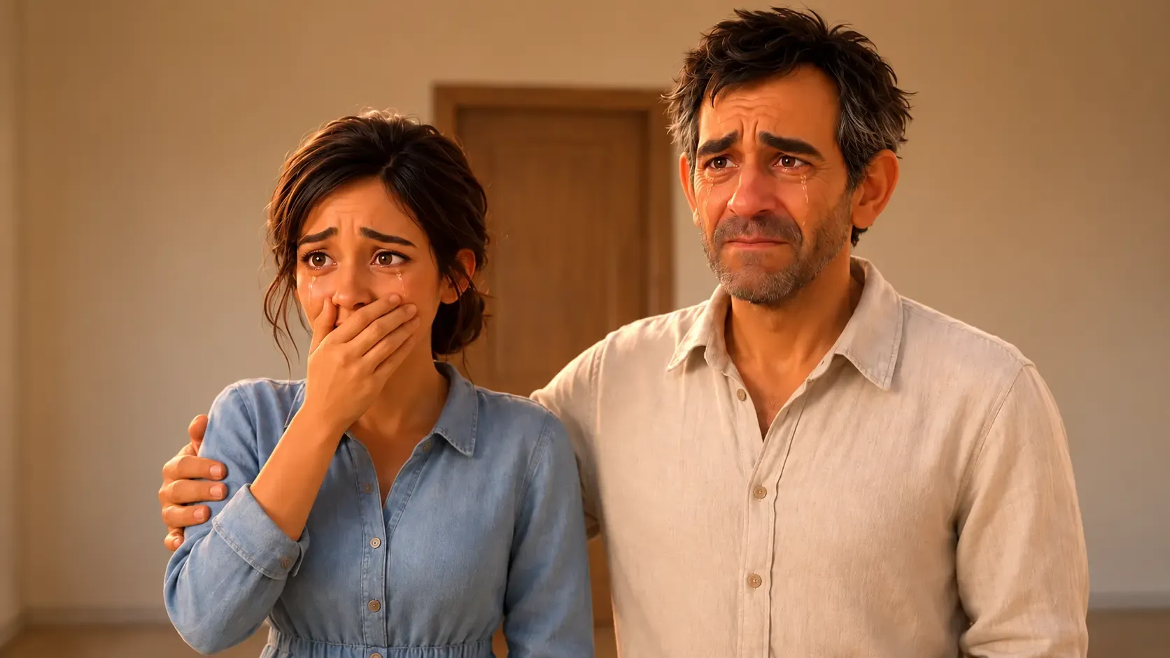 The mother covers her mouth in tears as the father holds her shoulder