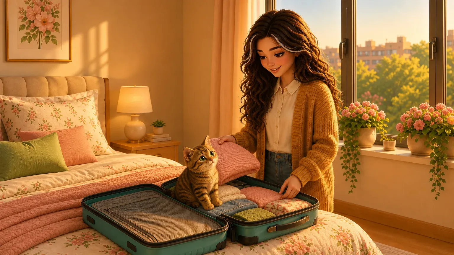 The striped kitten sitting in Sara's open suitcase on her bed