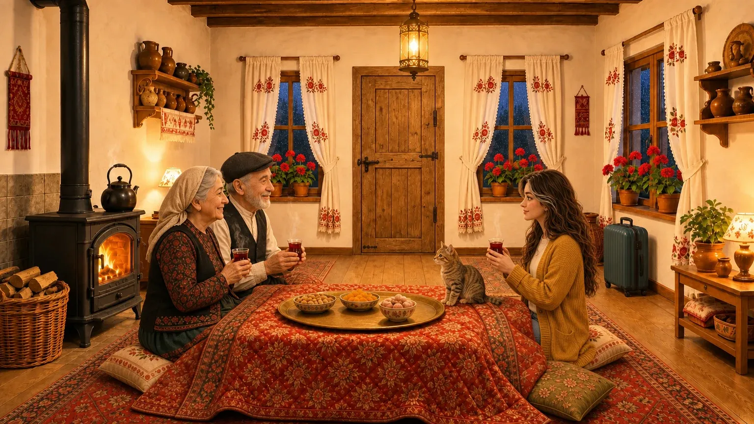An old couple pouring tea for Sara by a wood stove, the kitten curled on a red rug