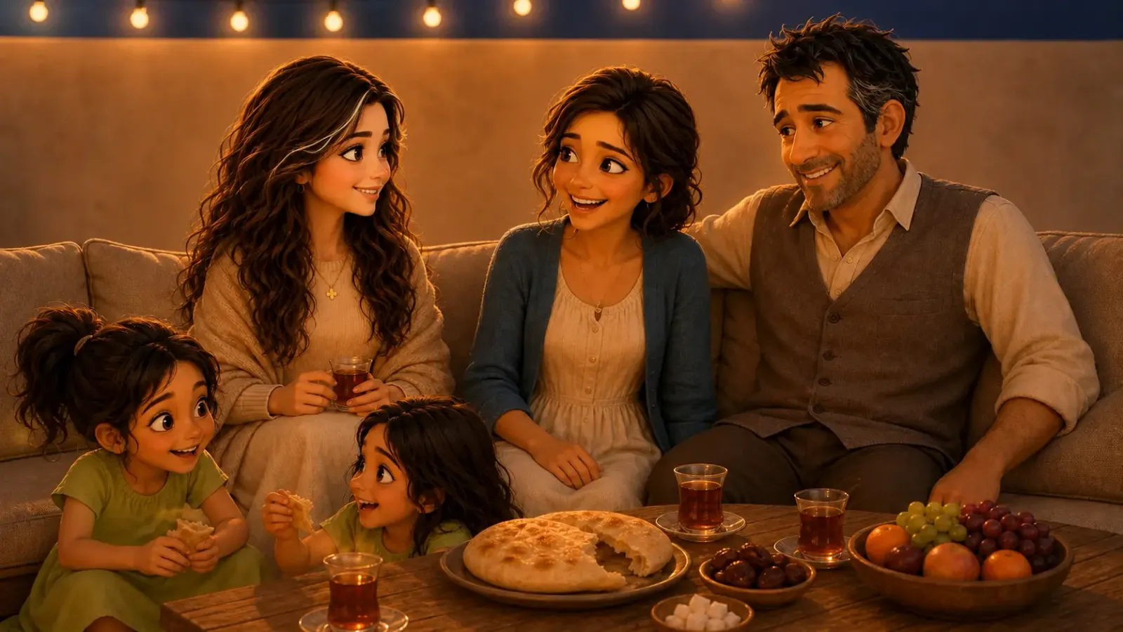Sara and the family from Episode one laughing together over bread and tea on their terrace at night, string lights overhead